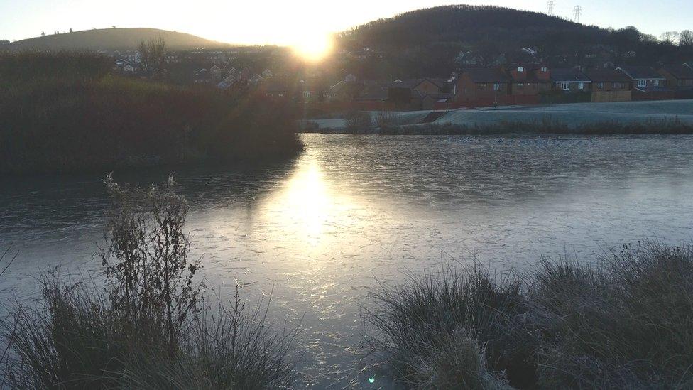 Sun-up on a frosty morning over Caerphilly Mountain