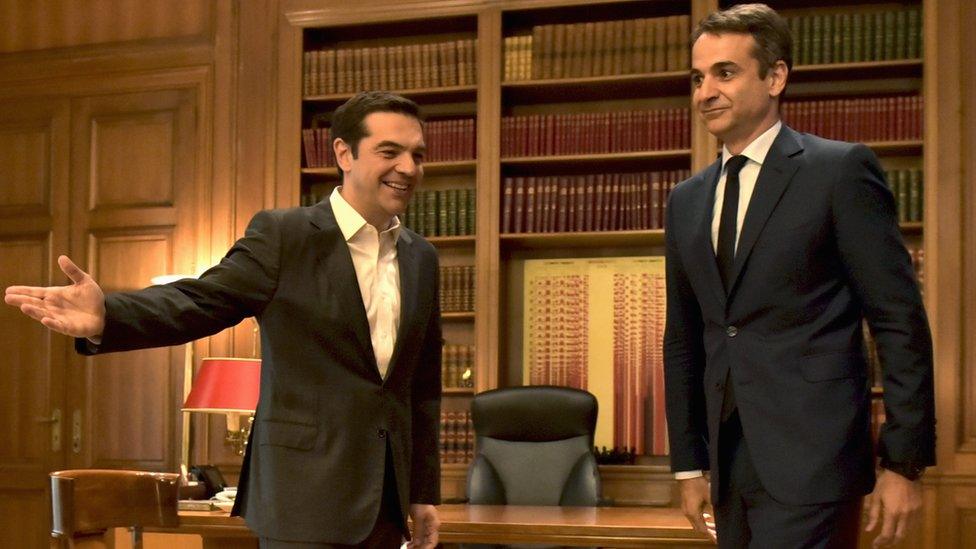 Greek Prime Minister Alexis Tsipras (left) and leader of the New Democracy party, Kyriakos Mitsotakis