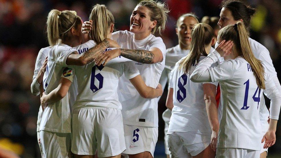 England celebrate a goal at the Arnold Clark Cup this year