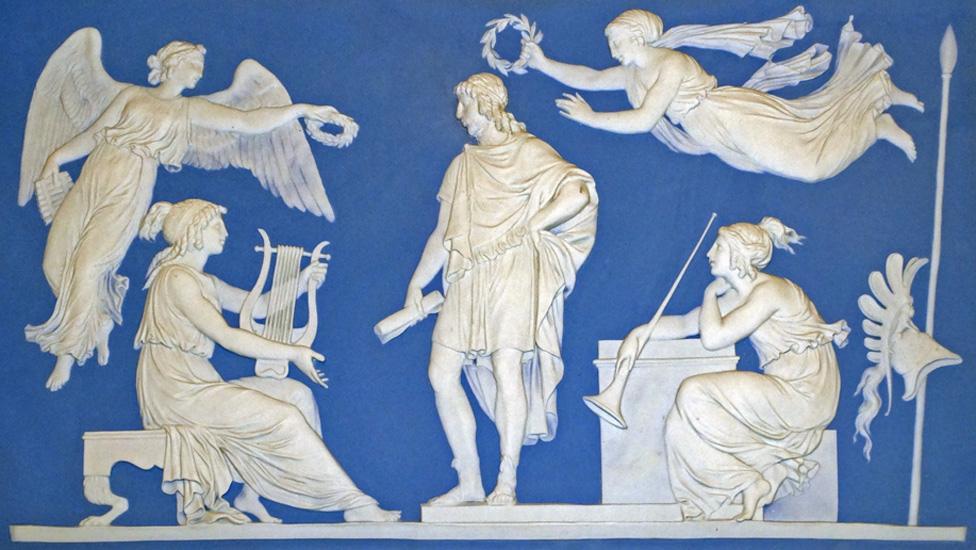 A blue Wedgwood Jasperware plaque from 1787 depicting The Apotheosis of Virgil