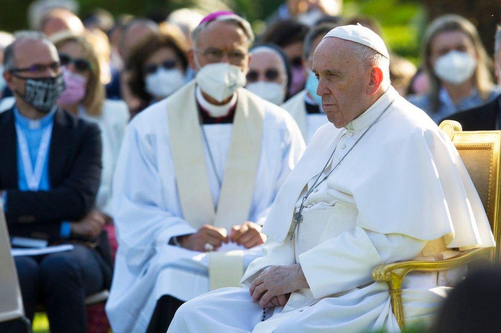 Pope Francis leads a Rosary Prayer in the Vatican Gardens, on May 31, 2021 in Vatican City