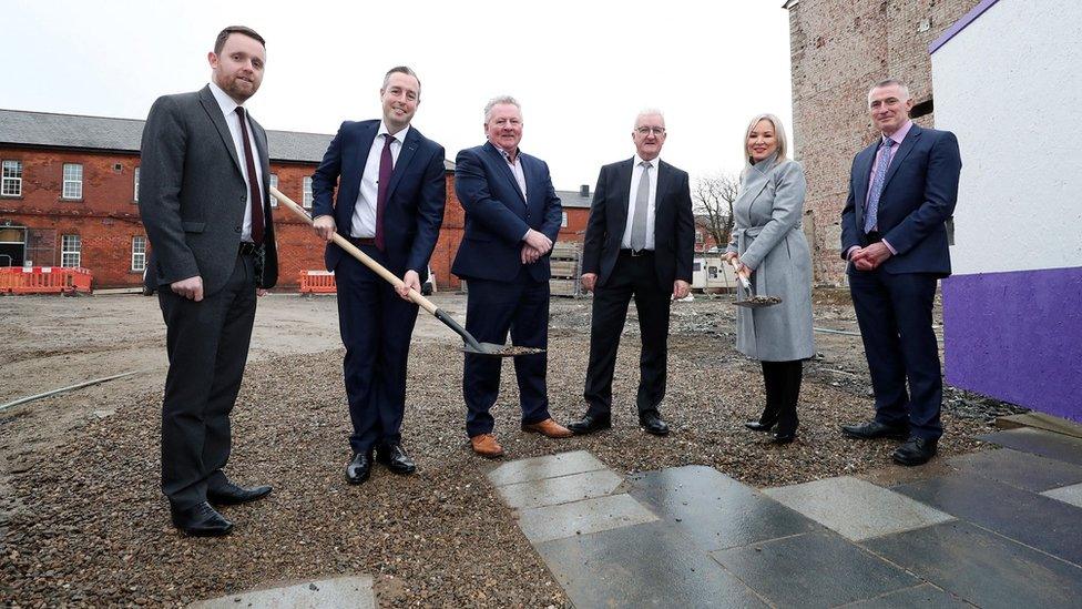 Paul Givan and Michelle O'Neill visit the site of a new hotel in Londonderry's Ebrington Square