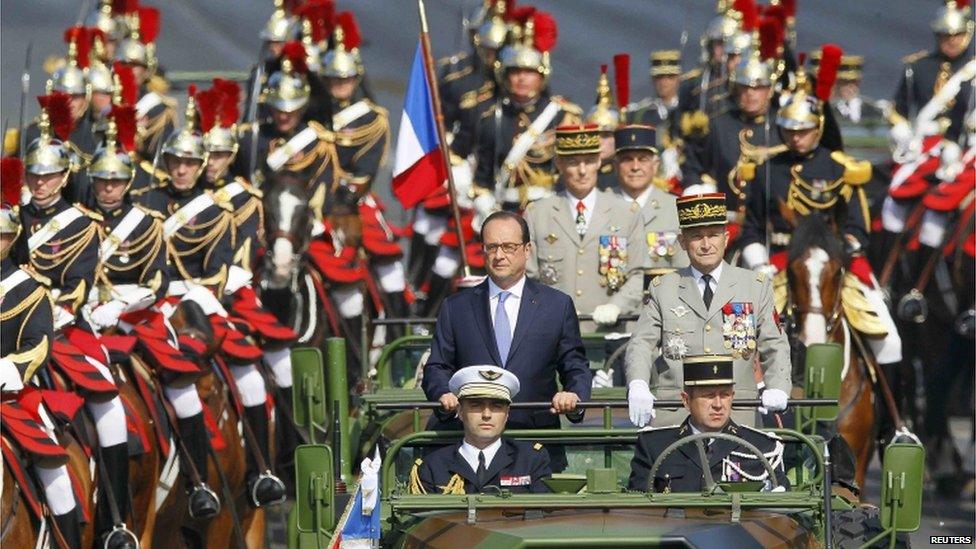 Francois Hollande reviews troops on Champs Elysees (14 July)