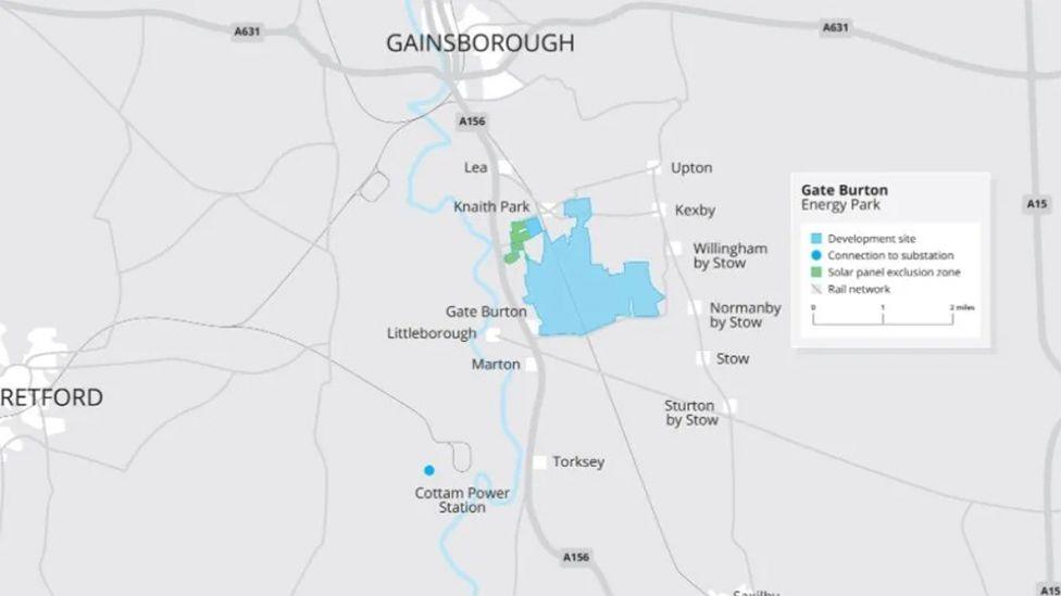 Map showing the site of the planned solar farm with the area marked out in blue