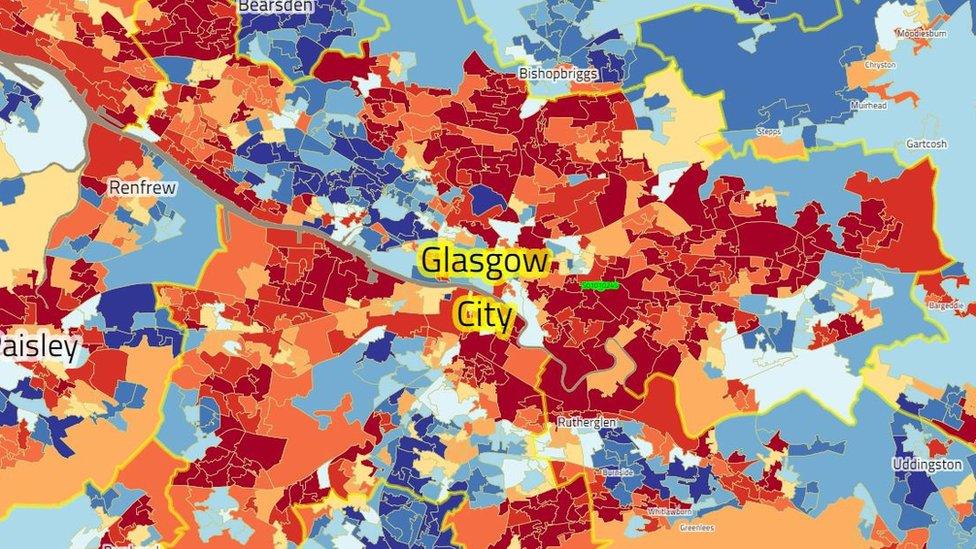 The dark red areas are the most-deprived and the dark blue are least deprived according to SIMD