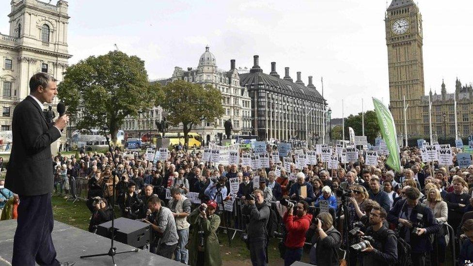 Zac Goldsmith addressing opponents of Heathrow expansion at a rally in Westminster