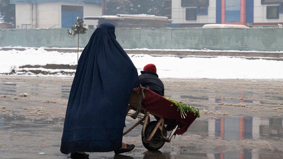 A burqa-clad woman pushes a wheelbarrow loaded with vegetables and a child during snow fall in Kabul on January 11, 2023.