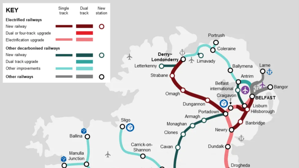 A map of Ireland showing the proposed upgrades to railways