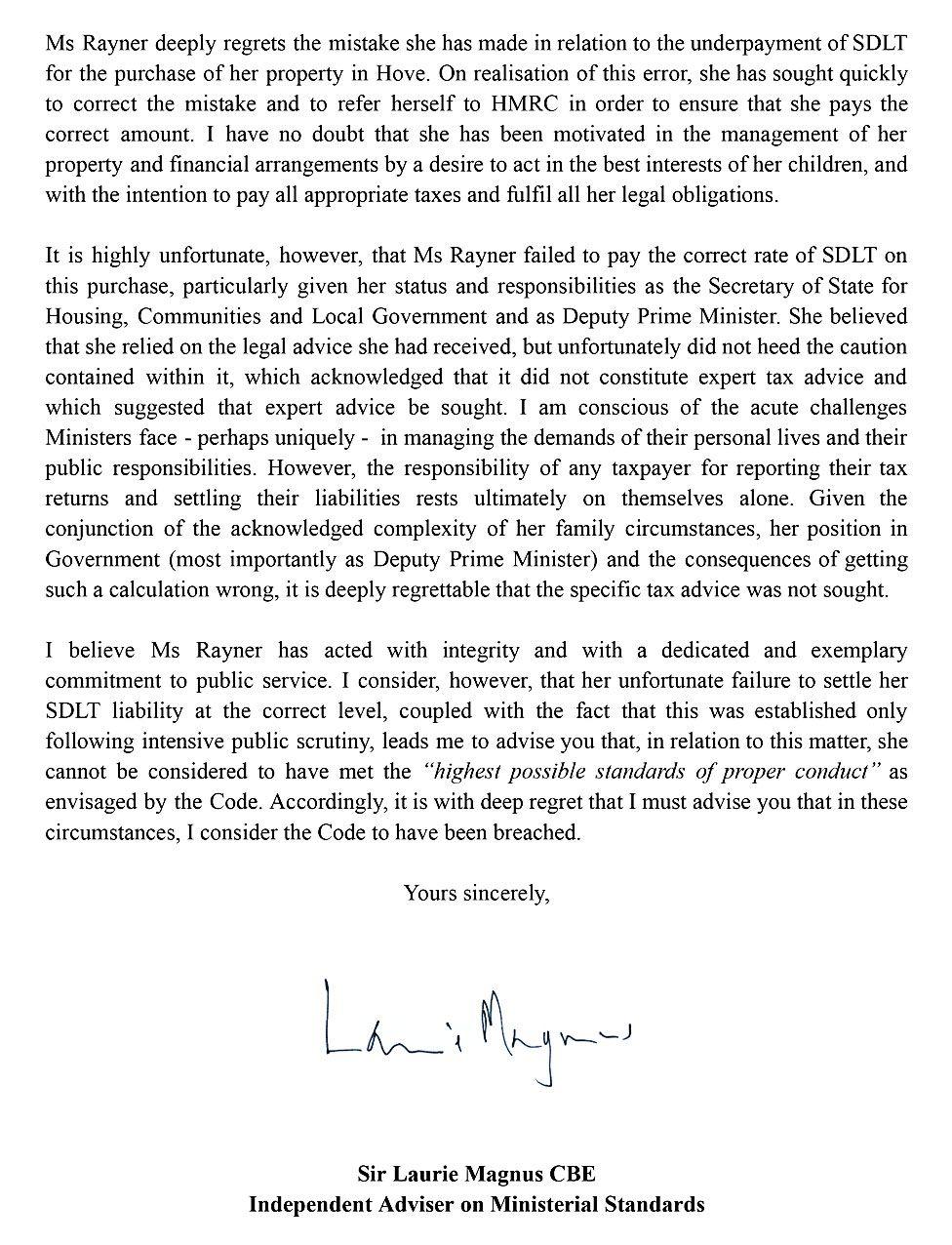 The third page of Sir Laurie Magnus's letter from the e Independent Adviser on Ministerial Standards, acknowledging Angela Rayner broke the Ministerial Code.