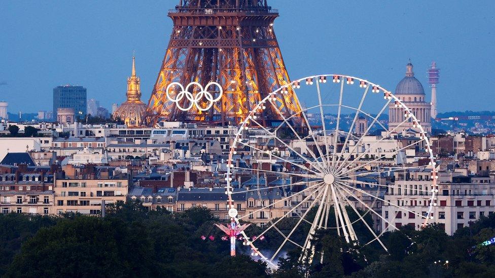 Skyline of Paris showing Eiffel Tower with Olympic rings