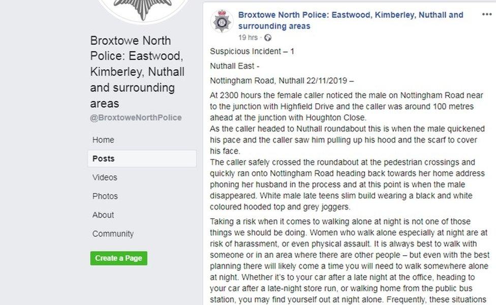 Excerpt of police Facebook message