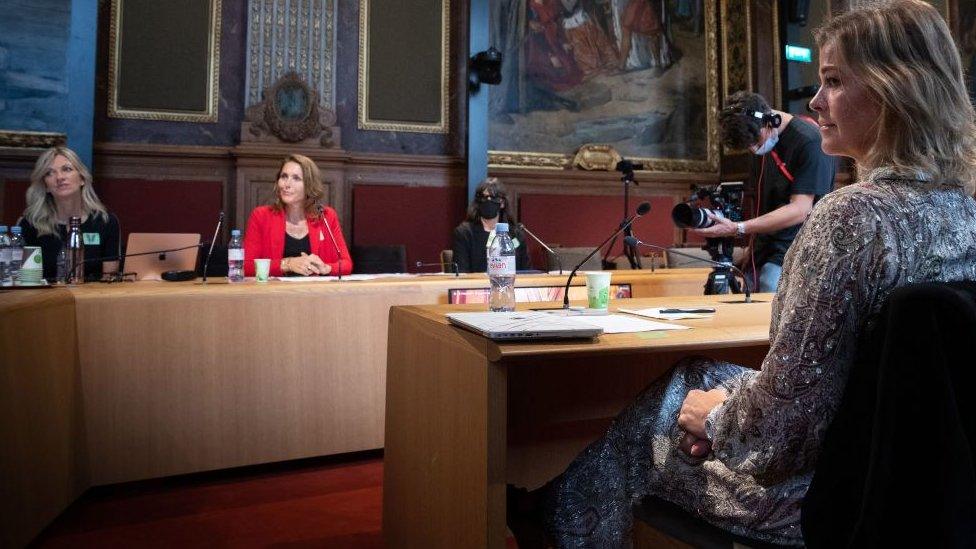 Swedish former Elite model Ebba Karlsson, British ex-BBC journalist Lisa Brinkworth, Dutch former model Thysia Huisman, and Sonia, an anonymous victim, attend a video conference on violence against women in the fashion industry, at the Senate, in Paris on September 14, 2021