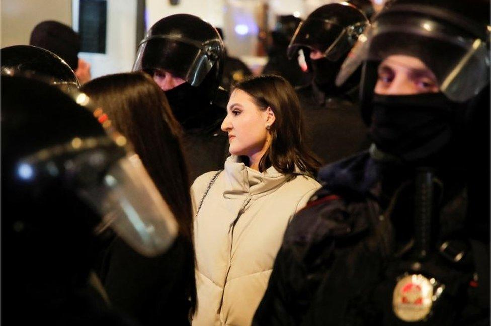 A demonstrator is detained by law enforcement officers during an anti-war protest against Russia"s invasion of Ukraine, in Saint Petersburg, Russia March 2, 2022.