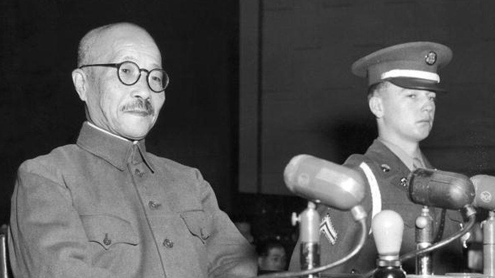 Hideki Tojo takes the stand for the first time during the International Tribunal trials in Tokyo, Japan, 1947