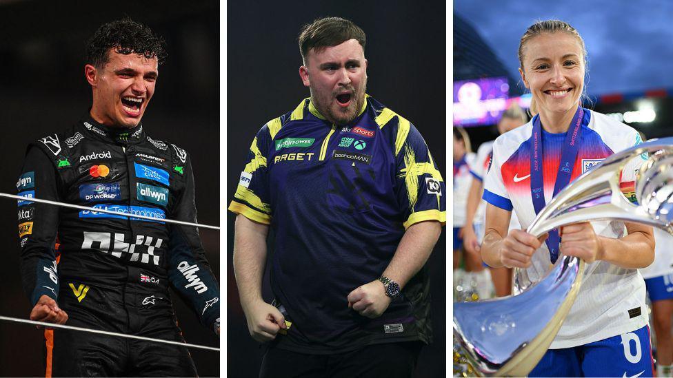 Composite image showing (from left) Lando Norris as he celebrates on a podium, Luke Littler cheering on stage and Leah Williamson smiling as she holds the European Championship trophy.