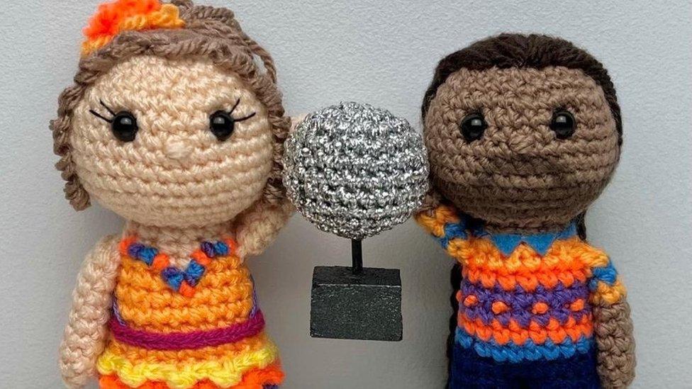 Crocheted dolls of Hamza Yassin and his dance partner, Jowita Przystal