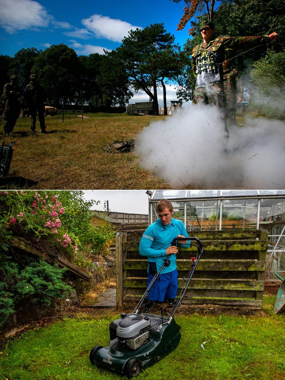 Photos showing Scotty Meenagh in the army and mowing the lawn as a civilian