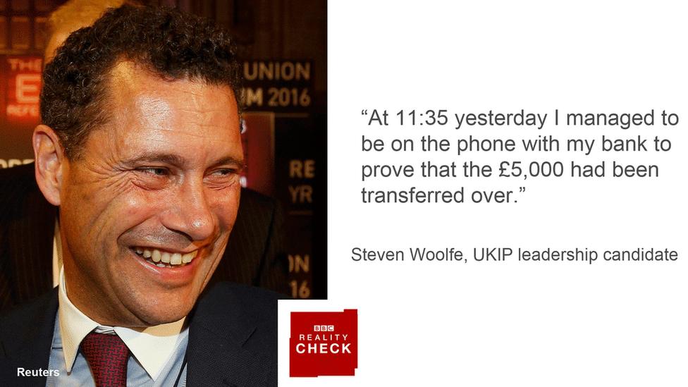 Steven Woolfe saying: At 11:35 yesterday I managed to be on the phone with my bank to prove that the £5,000 had been transferred over.