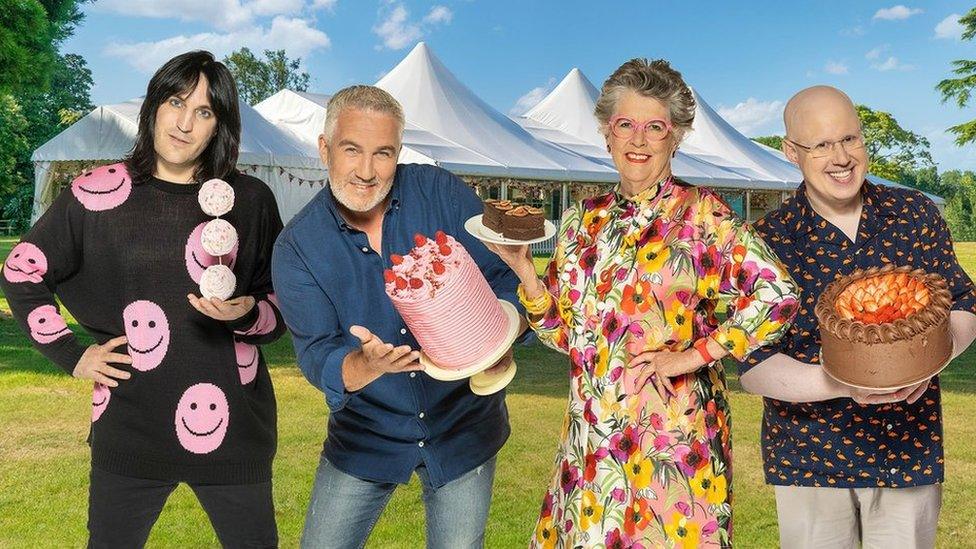 Noel Fielding, Paul Hollywood, Prue Leith and Matt Lucas outside the Bake Off tent