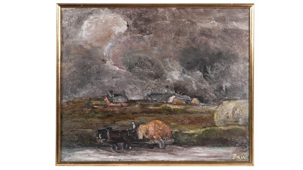 An oil painting in dark shades depicting heavy wintry skies occupying more than half of the canvas and overshadowing farmland below, with a horizontal road and farm cart at the foot of the image.