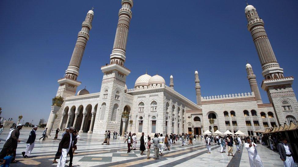 File photo showing people leaving the Saleh Mosque in Sanaa, Yemen