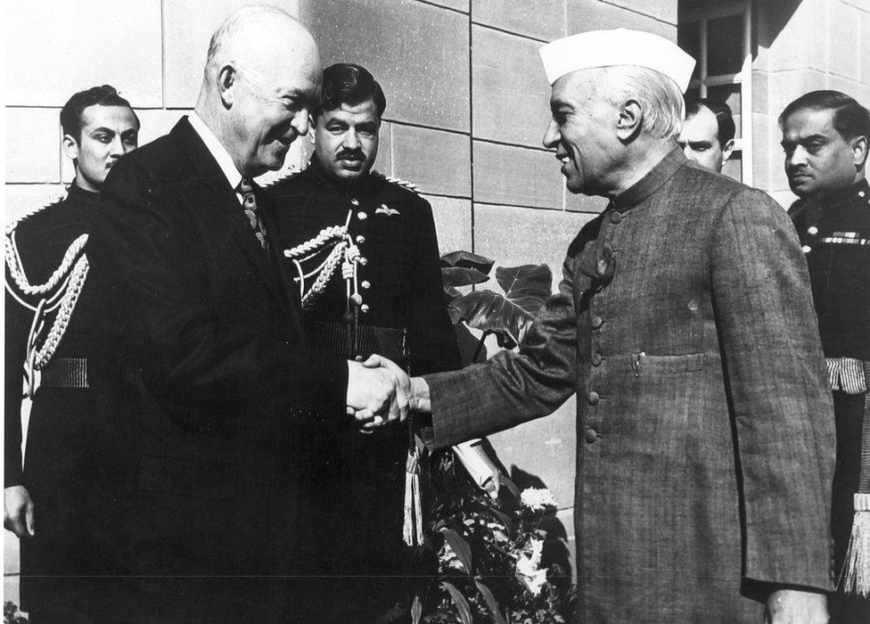 President Eisenhower (L) with Prime Minister Jawaharlal Nehru