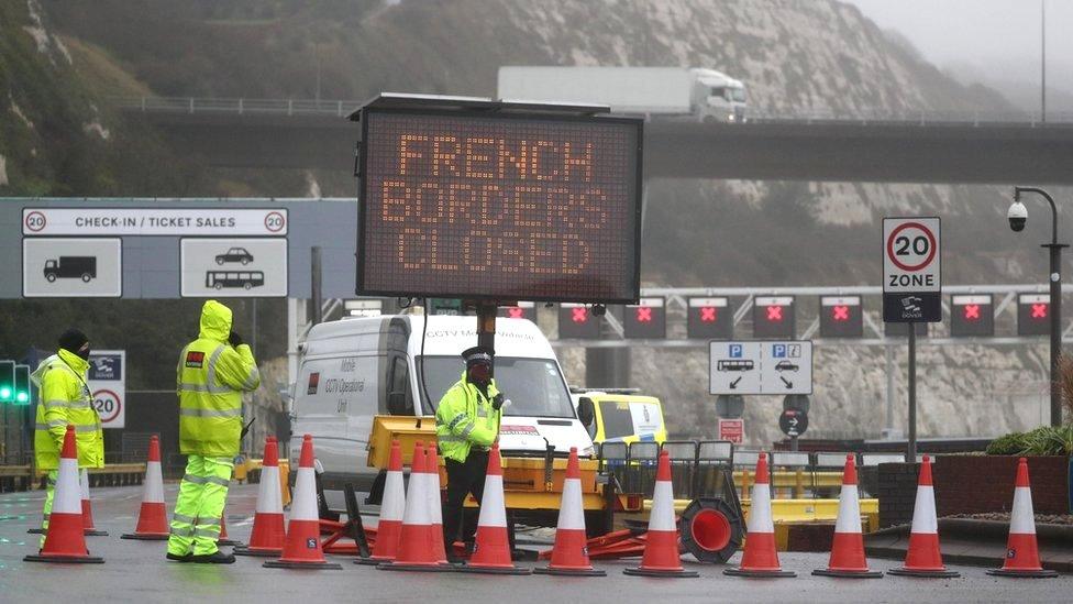 A sign reads 'French border closed' in Dover Kent