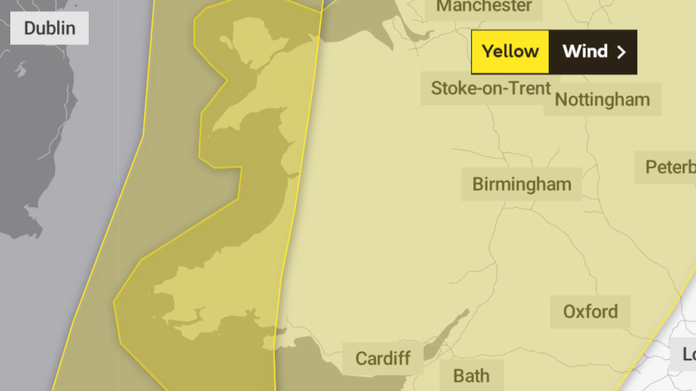 Two warning for wind covering a map of Wales