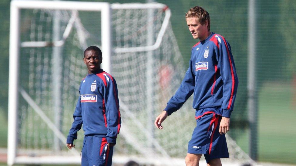 Footballers Peter Crouch and Shaun Wright-Phillips training for England.