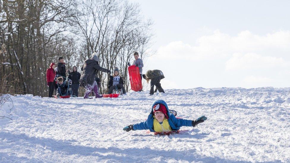 Boy on sledge in Matfield, Kent