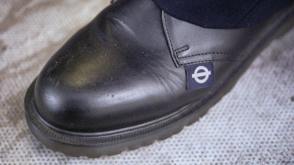 Underground uniform, Dr Marten shoe with underground logo, April 2001