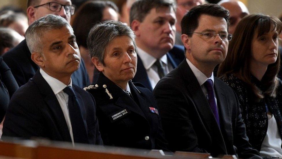 (Left to right) Mayor of London Sadiq Khan, Metropolitan Police Commissioner Cressida Dick and Housing Secretary James Brokenshire during the tenth anniversary memorial service for Jimmy Mizen