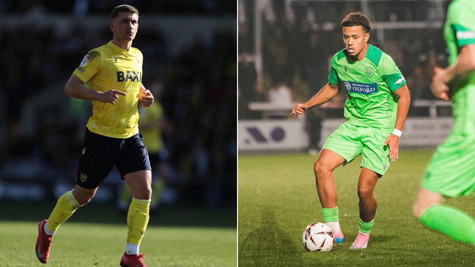 Pictures side by side of an Oxford United and an Oxford City player on the pitch at their respective grounds.