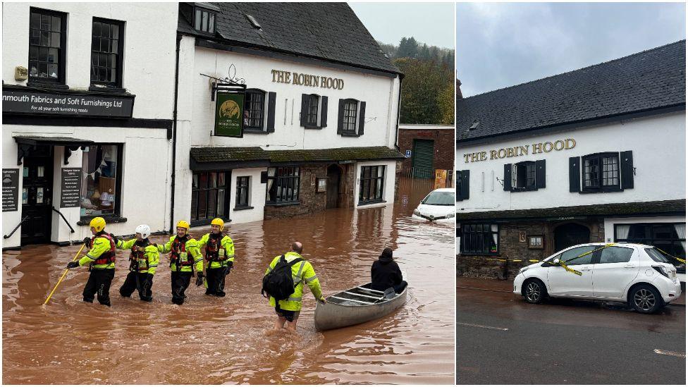 A composite image. On the left there are four rescuers in hi-vis wade through flooded street as a man in a hi-vis jacket pushes a person in a canoe. There is a pub and a shop. They are both white buildings. On the right the same pub can be seen with the flood waters now resided, there is a white car in front with residue from the floods along with black and white warning tape.