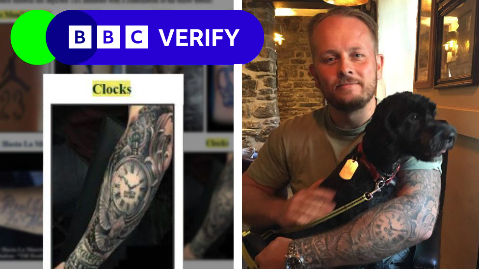 On the right there's an image of Pete Belton holding his dog with his clock face tattoo on his arm visible, on the left is the same tattoo on a US Department of Homeland Security document