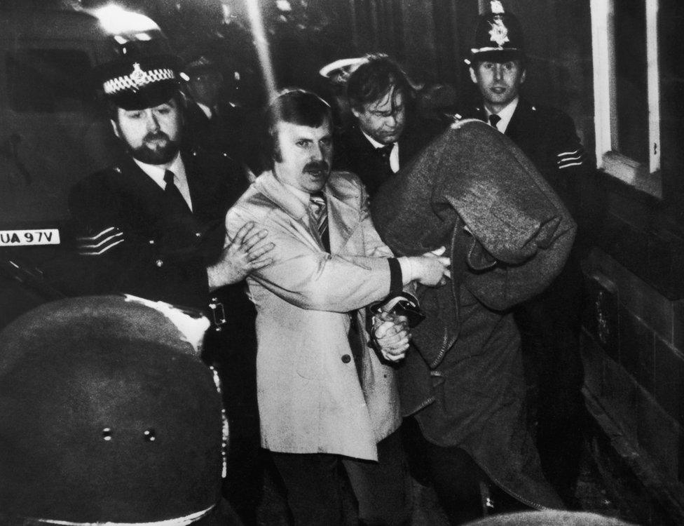 Peter Sutcliffe is taken in to Dewsbury Magistrates Court in 1981