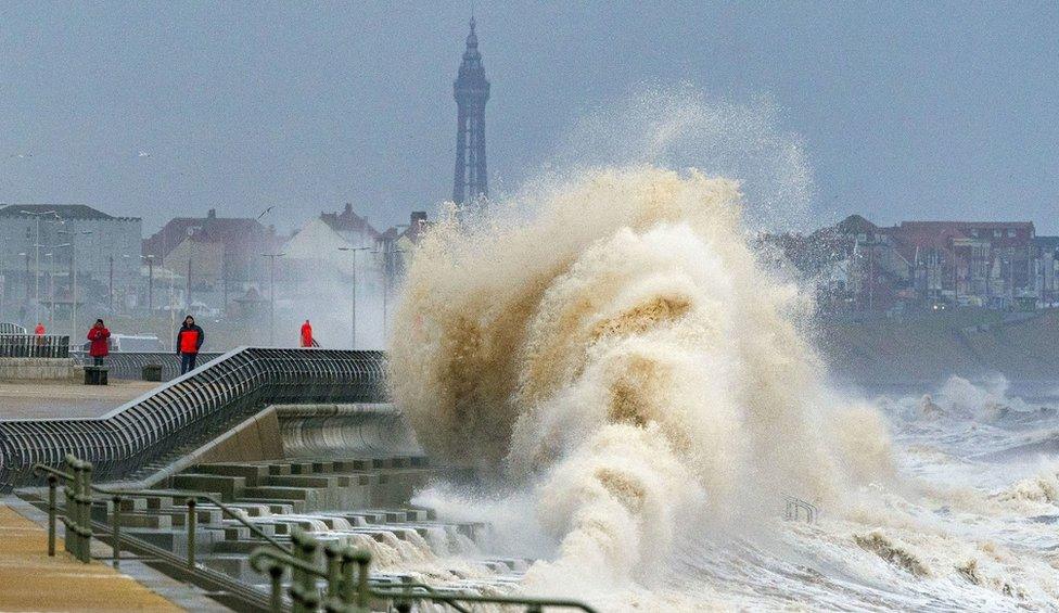 Waves crashing on the seafront at Blackpool ahead of Storm Dudley