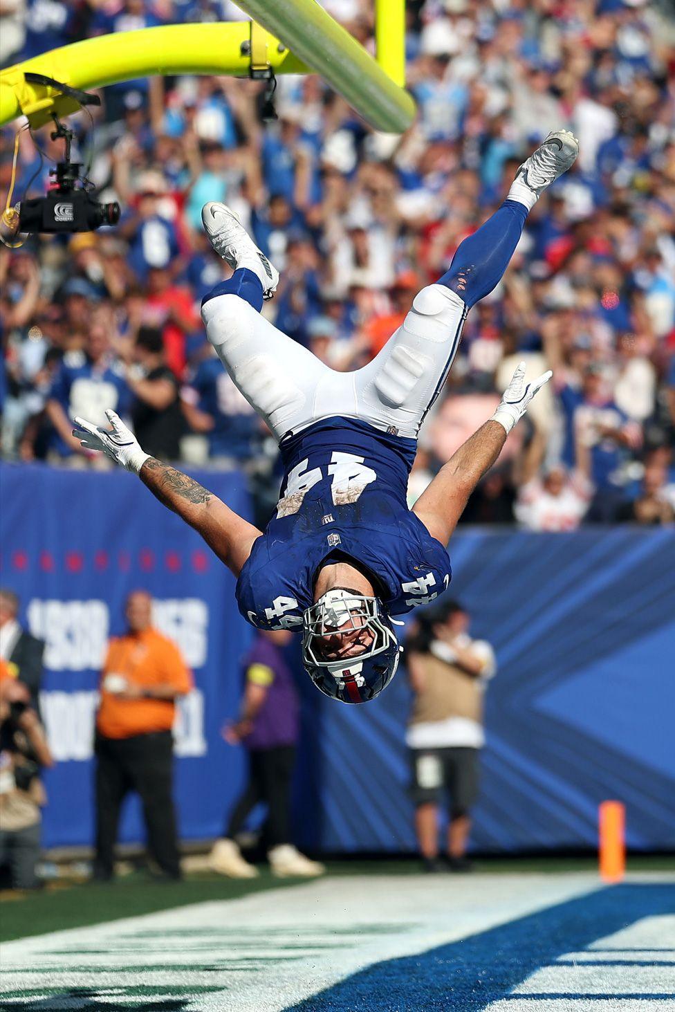 Cam Skattebo of the New York Giants celebrates a two-point conversion against the Los Angeles Chargers during the third quarter in East Rutherford, New Jersey. Photo by Ishika Samant