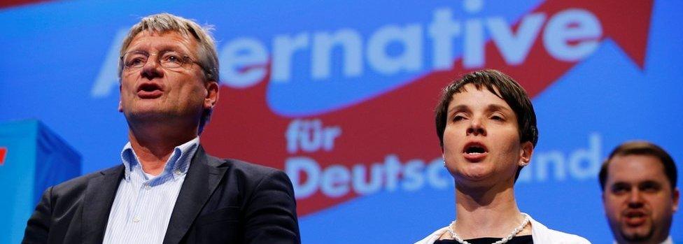 Frauke Petry, chairwoman of the anti-immigration party Alternative for Germany (AfD), and AfD leader Joerg Meuthen sing at the end of the second day of the AfD congress in Stuttgart, Germany, May 1, 2016.