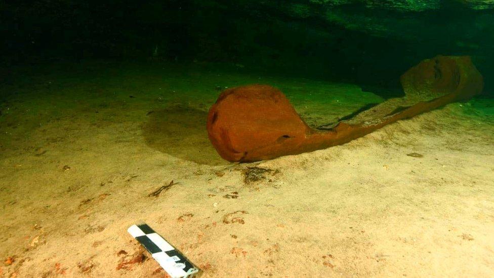 A wooden canoe used by the ancient Maya and believed to be over a thousand years old is pictured at a fresh-water pool known as a cenote