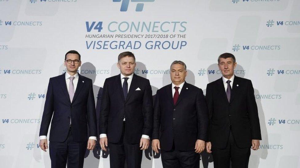 Visegrad leaders (L-R): Polish PM Mateusz Morawiecki, Slovak PM Robert Fico, Hungarian PM Viktor Orban and interim Czech PM Andrej Babis in Budapest, 26 Jan 18