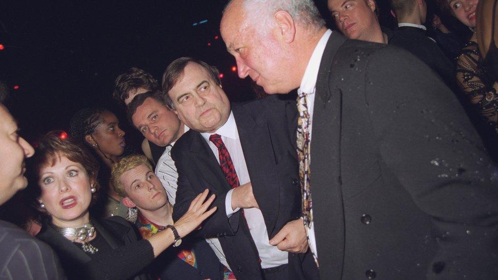 British Labour politician John Prescott having just been doused with cold water by Danbert Nobacon of Chumbawumba at the Brit Awards, February 1998.