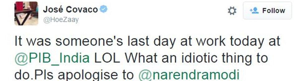 It was someone's last day at work today at @PIB_India LOL What an idiotic thing to do.Pls apologise to @narendramodi