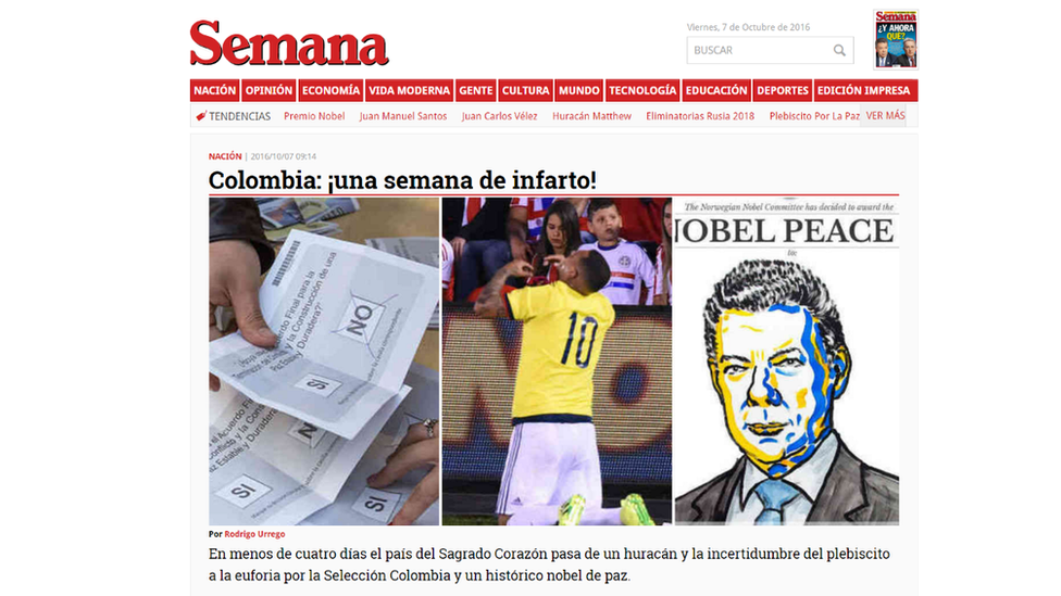 This picture shows a screengrab of Semana's story about Colombia's "heart-stopping week"