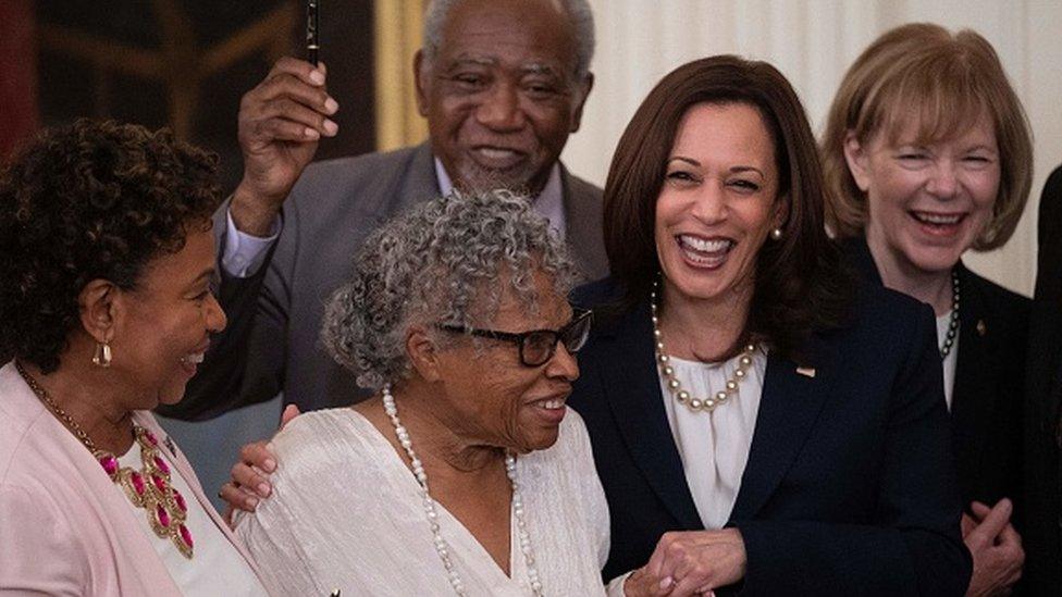 Opal Lee speaks with US Vice President Kamala Harris