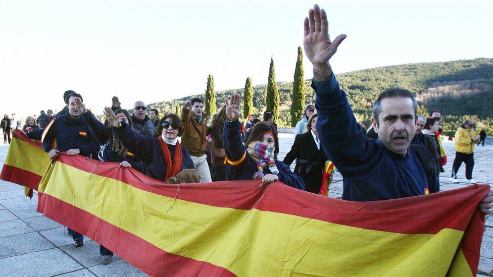 The fascist salute is given by supporters of Spanish dictator Francisco Franco on 17 November 2007 outside the basilica of Santa Cruz at the Valley of the Fallen