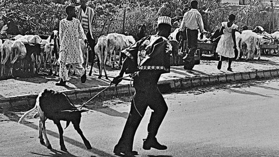 A photo by Sunmi Smart-Cole entitled: "Christmas Dinner"- Monday 25 December 1978, showing a man pulling a goat with a rope