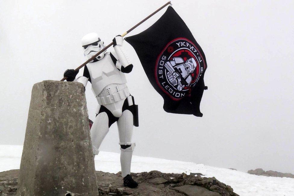 Ashley Broomhall in stormtrooper outift on Ben Nevis