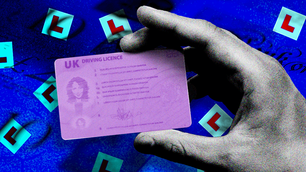 A graphic that shows a hand holding a purple driving licence in front of a background of L-plates and money.