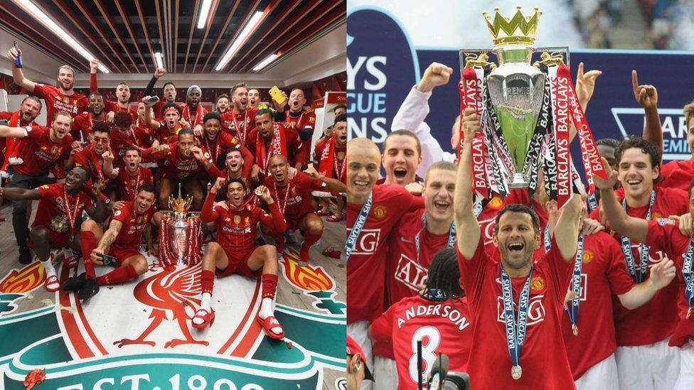 liverpool and manchester united hold up trophy.